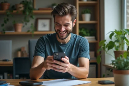 Jeune homme en t-shirt bleu examinant un téléphone à la maison