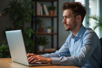 Jeune homme concentré tapant un mot de passe sur son ordinateur dans un bureau moderne