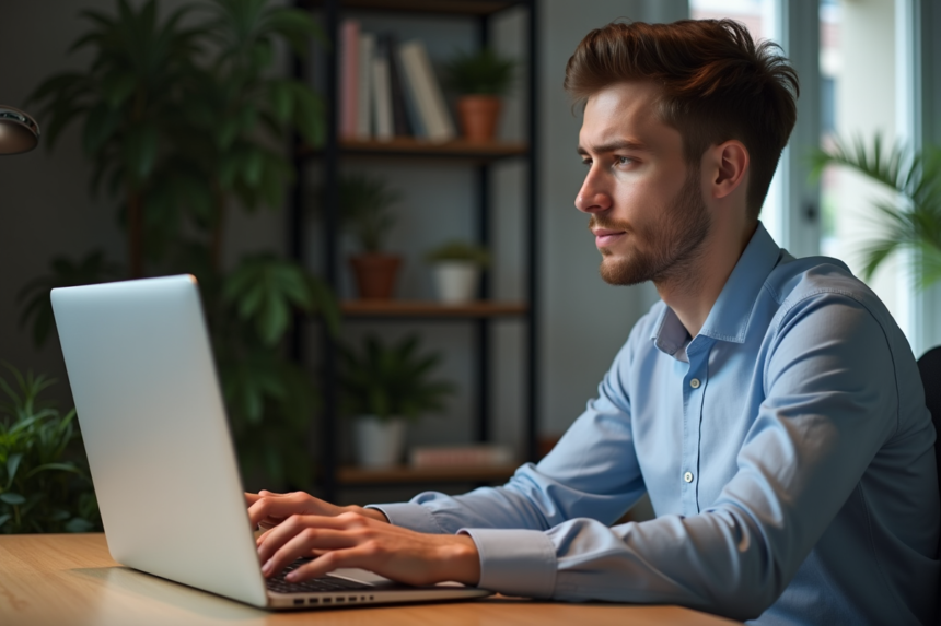 Jeune homme concentré tapant un mot de passe sur son ordinateur dans un bureau moderne