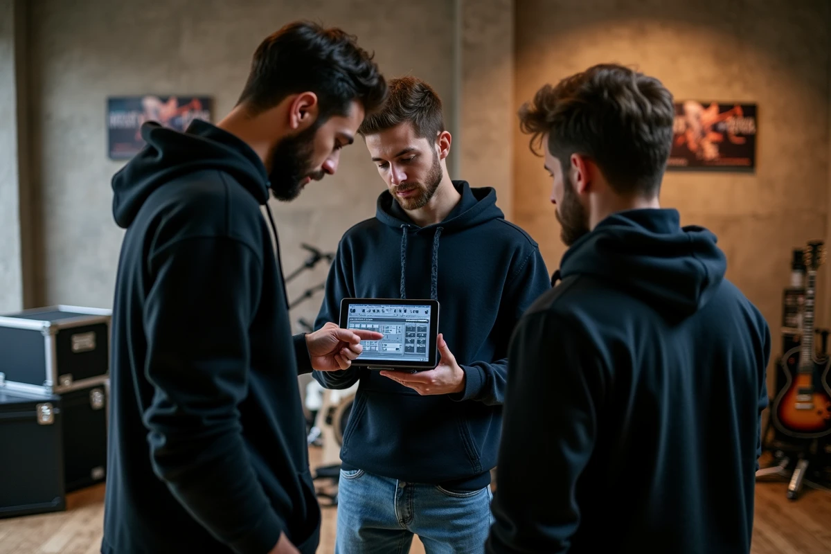Jeune homme pointant tablette avec musiciens en rehearsal