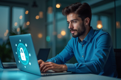 Jeune homme en bureau examinant un ordinateur avec cadenas