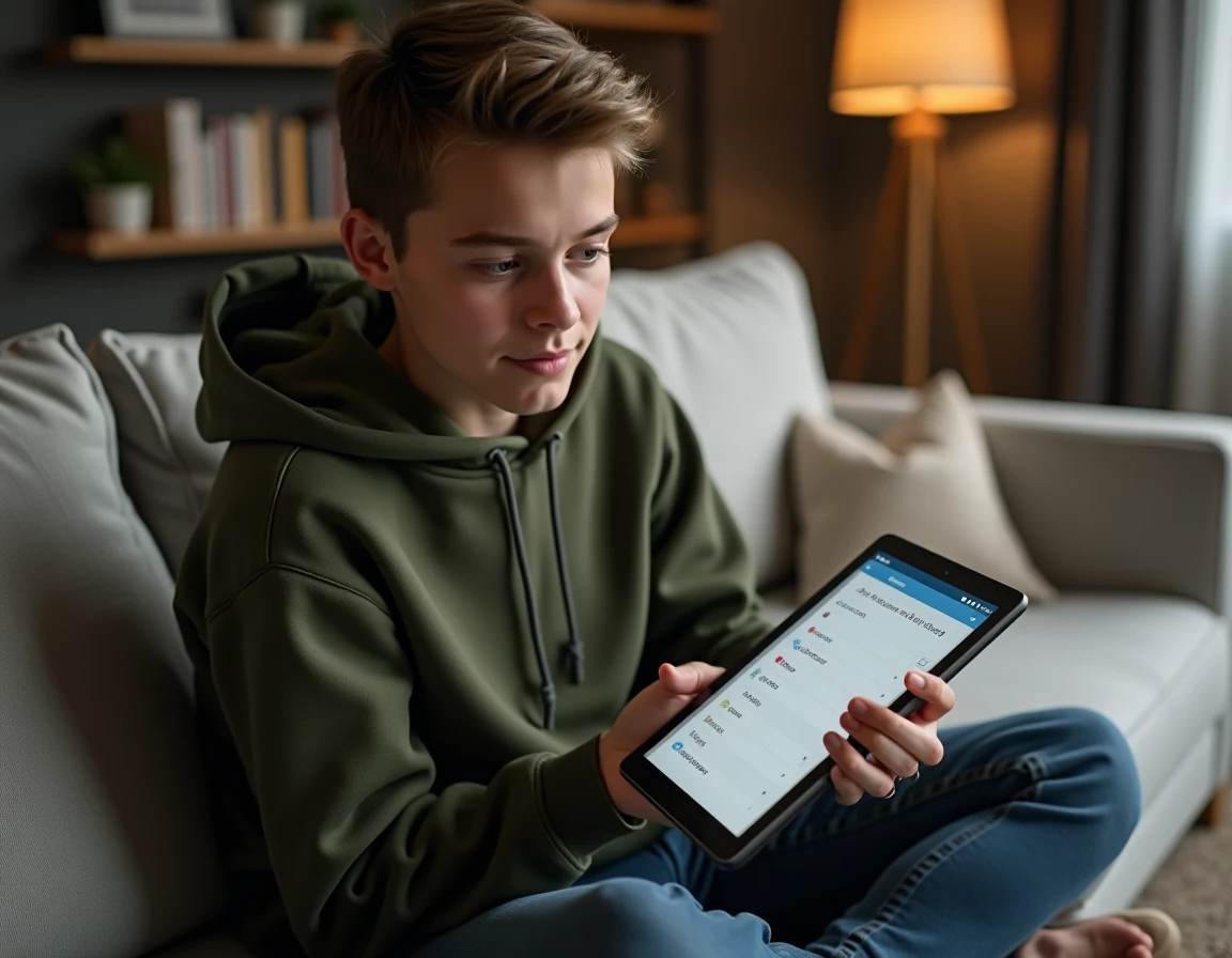 Jeune personne consultant une tablette affichant un menu de sélection de formats de fichiers dans un salon confortable
