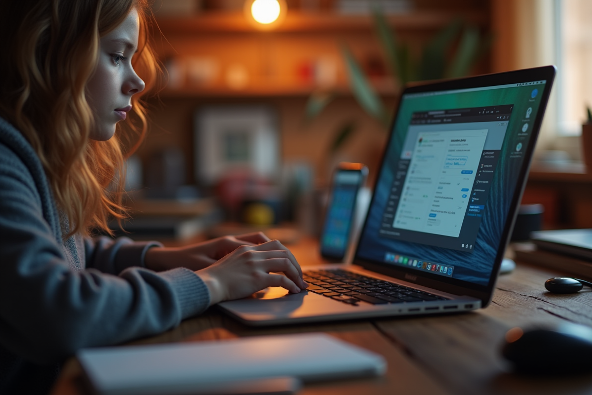 Jeune utilisant un laptop avec écran 1080p dans un cadre cosy