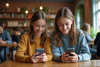 Jeunes adolescents souriants avec smartphones dans un café