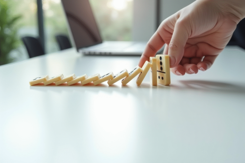 Main arrangeant des dominos sur un bureau blanc lumineux