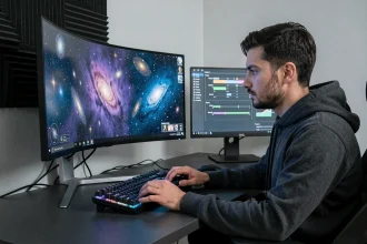 Joueur devant un écran ultrawide 21/9 jouant à Eve Online avec un second moniteur 1080p affichant les paramètres VSync