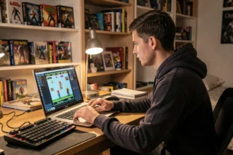 Jeune homme jouant à Pokémon Émeraude sur émulateur Visual Boy Advance sur un ordinateur portable
