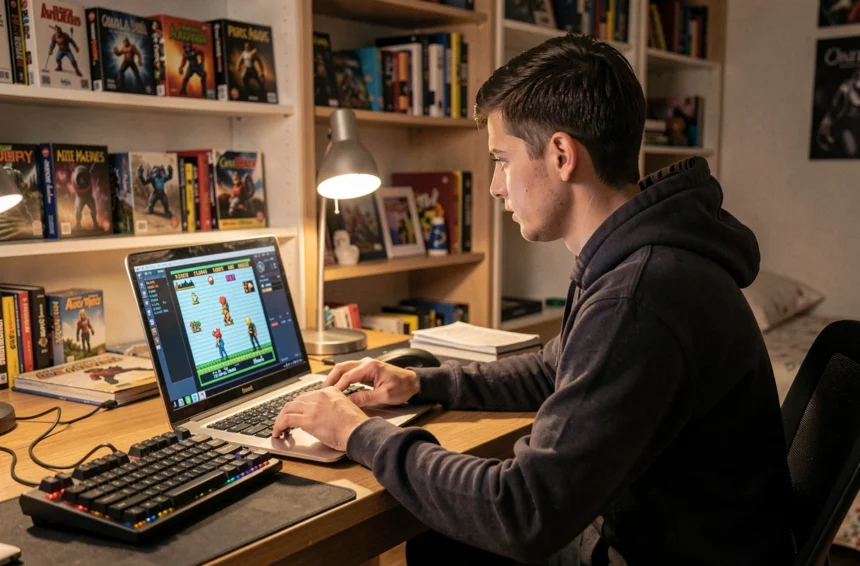 Jeune homme jouant à Pokémon Émeraude sur émulateur Visual Boy Advance sur un ordinateur portable