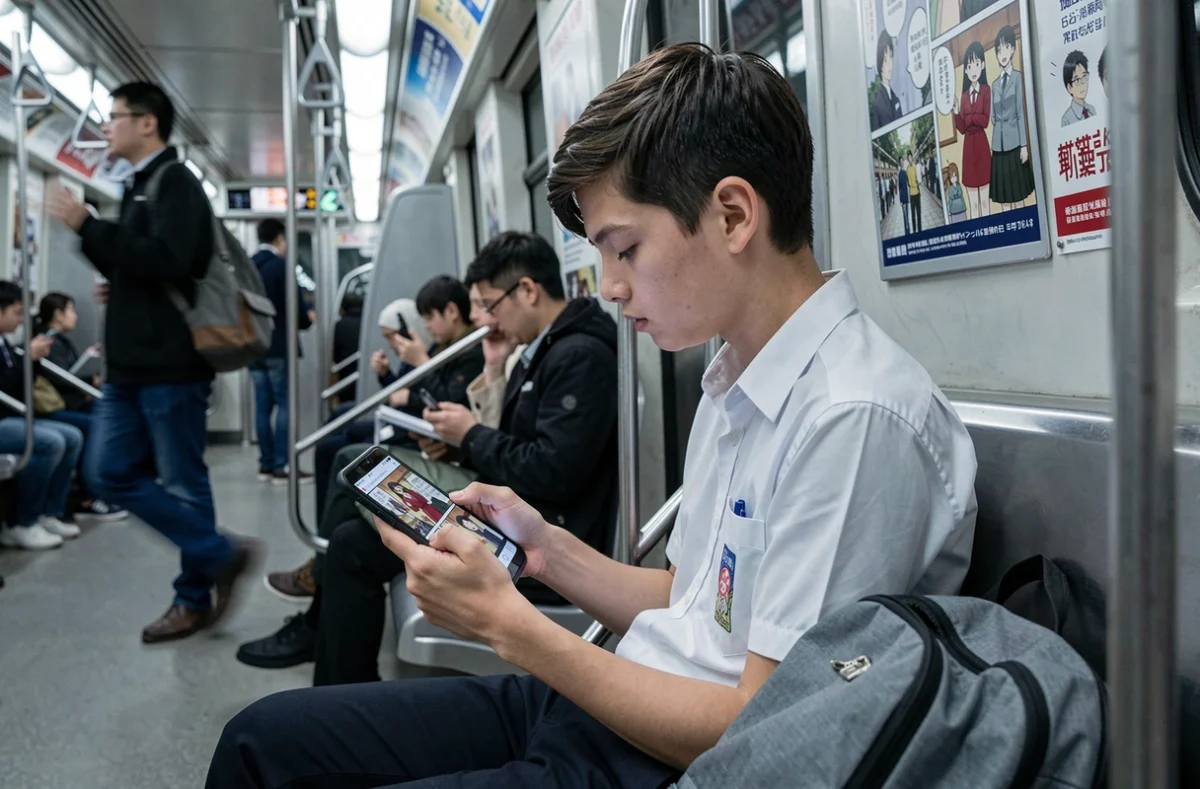 Adolescent lisant un manga sur Android dans le métro grâce à l'application Epsilon Soft