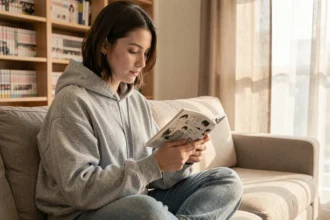 Jeune femme lisant un manga sur smartphone Android avec l'application Epsilon Soft dans un salon moderne