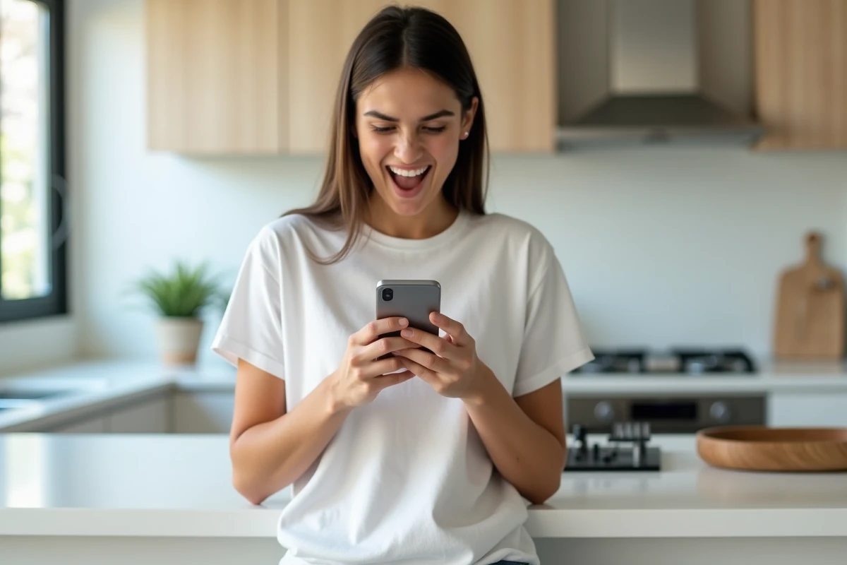 Jeune personne lisant des SMS récupérés sur iPhone dans une cuisine moderne avec expression soulagée