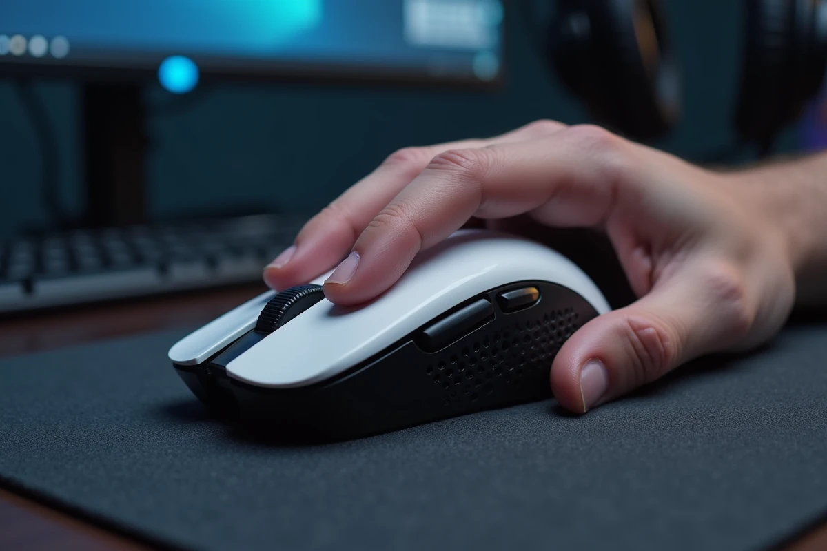 Main de taille moyenne posée sur la souris gaming sans fil Logitech G Pro X Superlight 2 légère et compacte sur un tapis de souris gris foncé