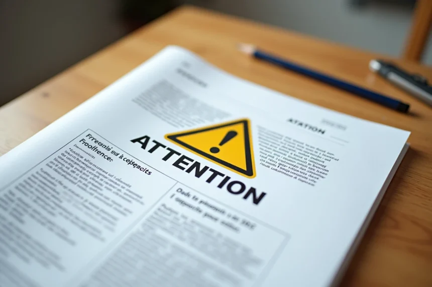 Manuel technique imprimé ouvert sur un bureau en bois avec un logo attention triangulaire jaune et le mot ATTENTION en noir pour notices d'emploi