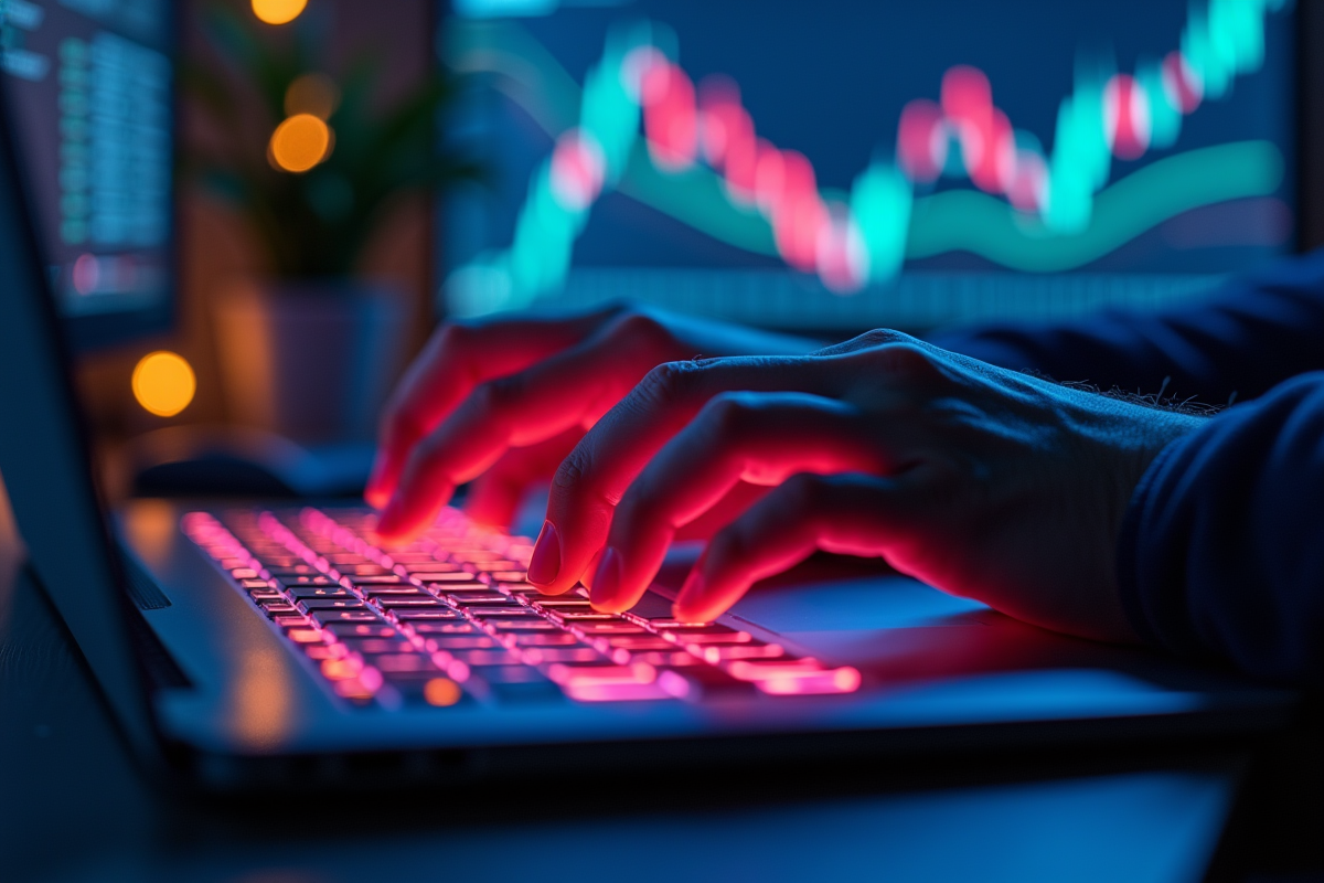 Mains tapant sur clavier lumineux avec reflets de billets et graphiques financiers