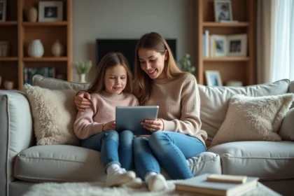 Maman et fille assises sur un canapé regardant une tablette