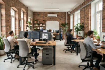 Vue panoramique d'une agence de développement web en Gironde avec des développeurs collaborant autour d'écrans affichant du code et des maquettes de sites web