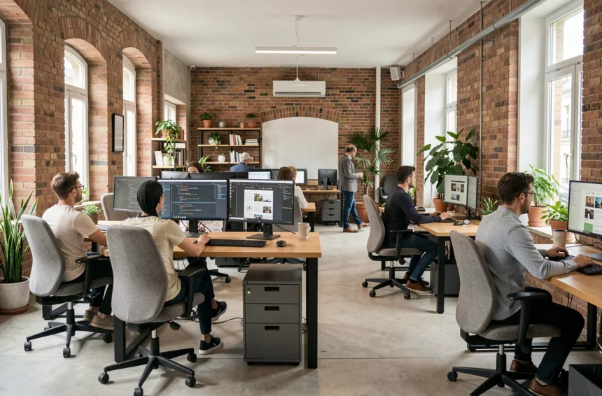 Vue panoramique d'une agence de développement web en Gironde avec des développeurs collaborant autour d'écrans affichant du code et des maquettes de sites web