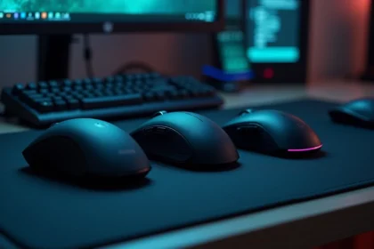 Trois souris gaming sans fil de tailles différentes posées sur un tapis de souris noir mat, représentant les options pour petite, moyenne et grande main