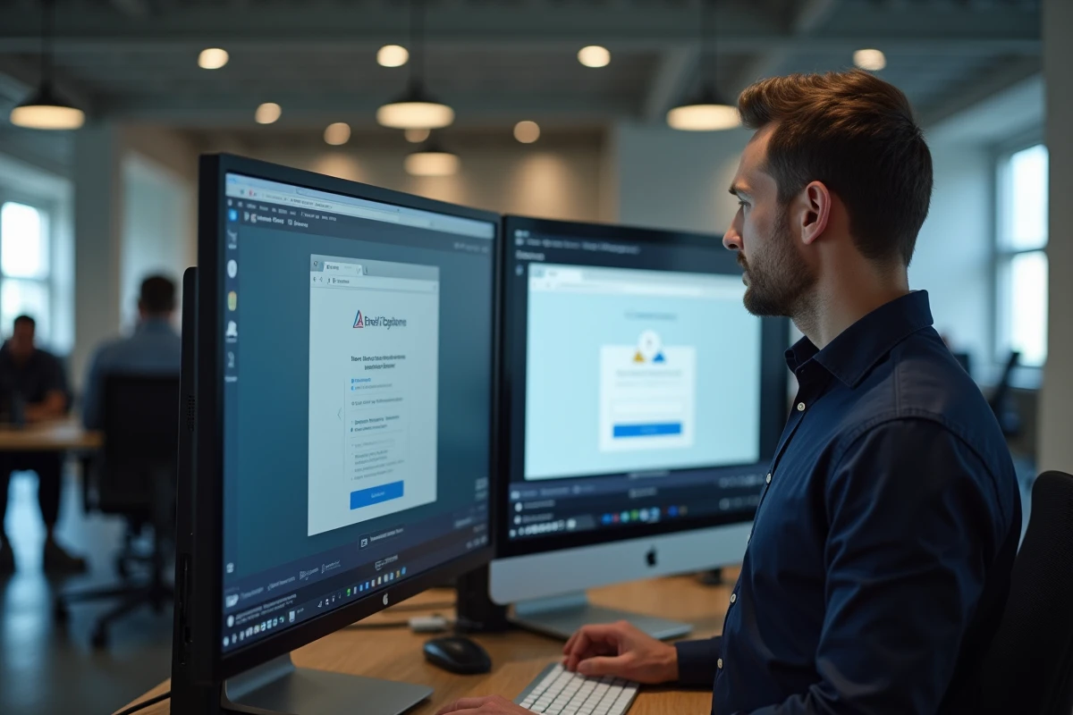 Professionnel comparant deux interfaces de messagerie lors d'une migration de boîte mail dans un espace de coworking moderne