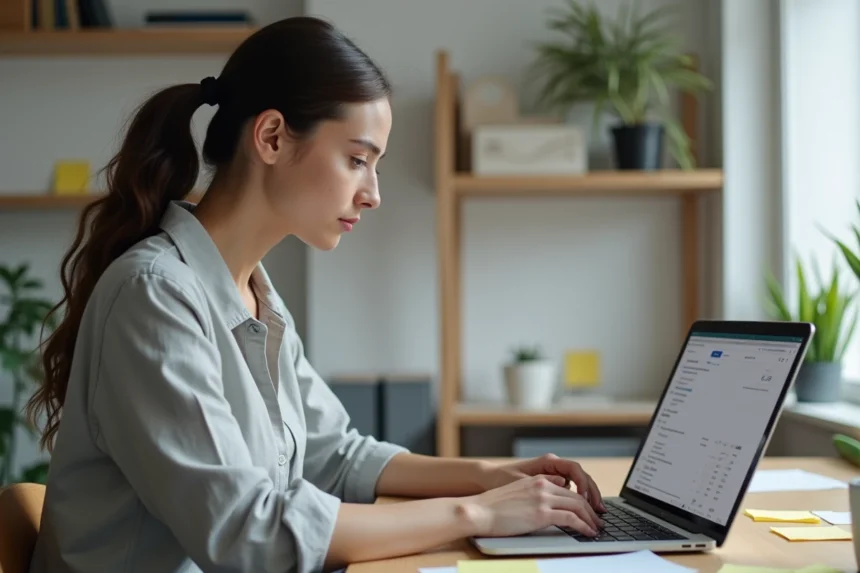 Femme concentrée suivant les étapes de migration vers un webmail sur son ordinateur portable dans un bureau à domicile organisé