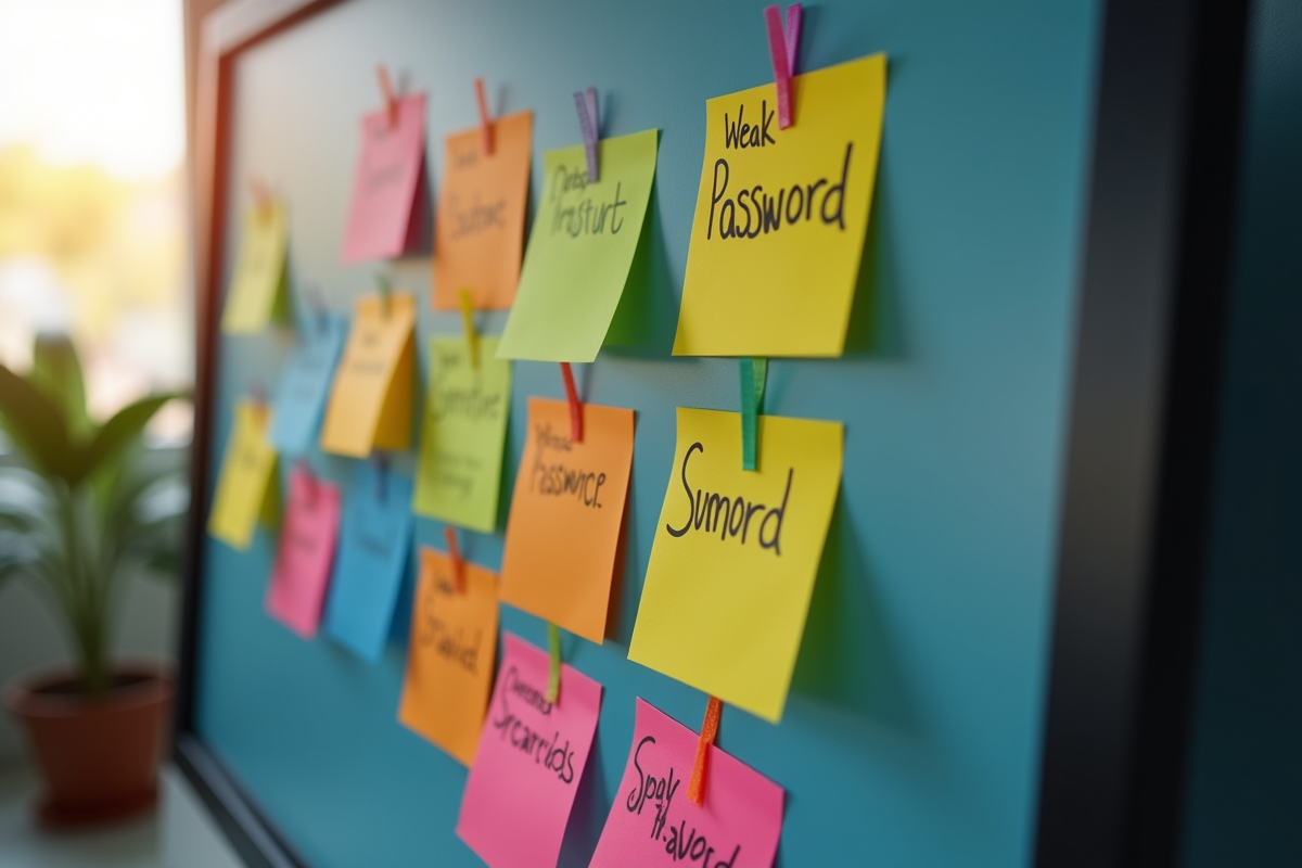 Notes colorées avec mots de passe faibles affichées sur un moniteur à la maison