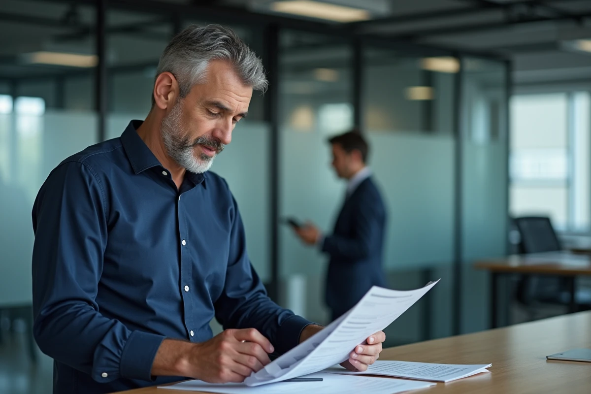 Homme en bureau professionnel numérisant un document administratif pour conversion en PDF via tablette