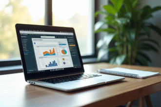 Ordinateur portable sur bureau en bois avec graphique SEO