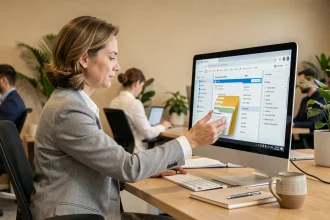 Femme professionnelle organisant ses dossiers de messagerie sur le webmail du rectorat de Montpellier dans un bureau moderne