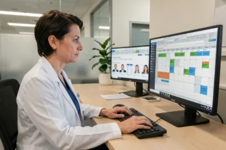 Administratrice médicale configurant un logiciel de gestion des gardes et astreintes sur ordinateur dans un bureau hospitalier