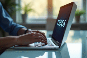 Personne tapant un mot de passe simple sur un ordinateur moderne dans un bureau lumineux