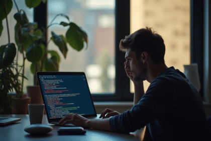 Personne inquiète devant un ordinateur avec erreur en bureau moderne