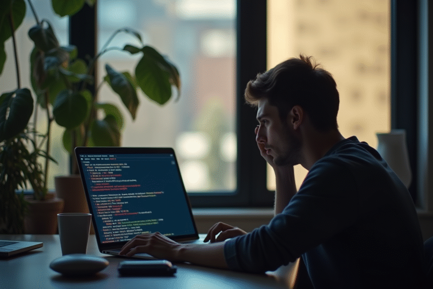 Personne inquiète devant un ordinateur avec erreur en bureau moderne