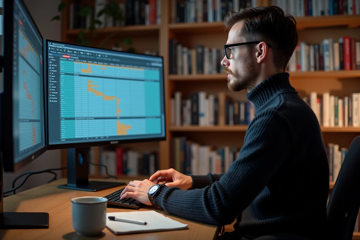 Product manager travaillant seul sur un roadmap produit combinant les méthodes Feature by Feature et RICE dans un bureau à domicile