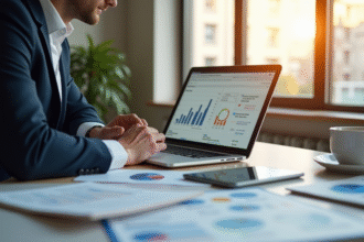 Professionnel SEO analysant des données sur un ordinateur portable