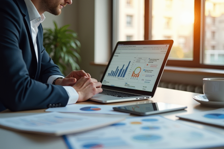 Professionnel SEO analysant des données sur un ordinateur portable