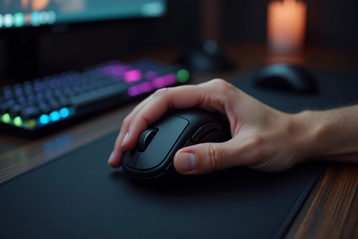 Grande main masculine en position palm grip sur la souris gaming sans fil Razer DeathAdder V3 Pro posée sur un tapis de souris sombre