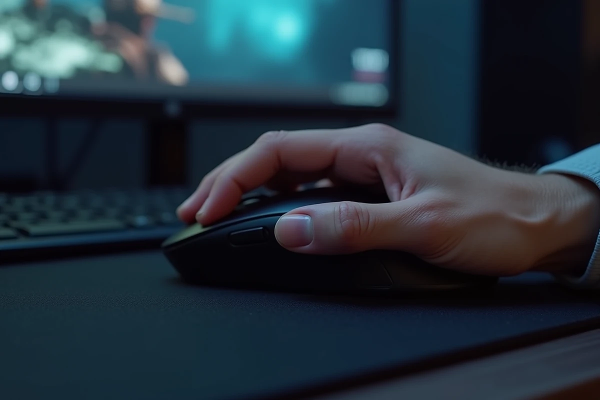 Main adulte en position claw grip sur la souris gaming sans fil Razer Viper V3 Pro légère et ambidextre sur un tapis de souris sombre