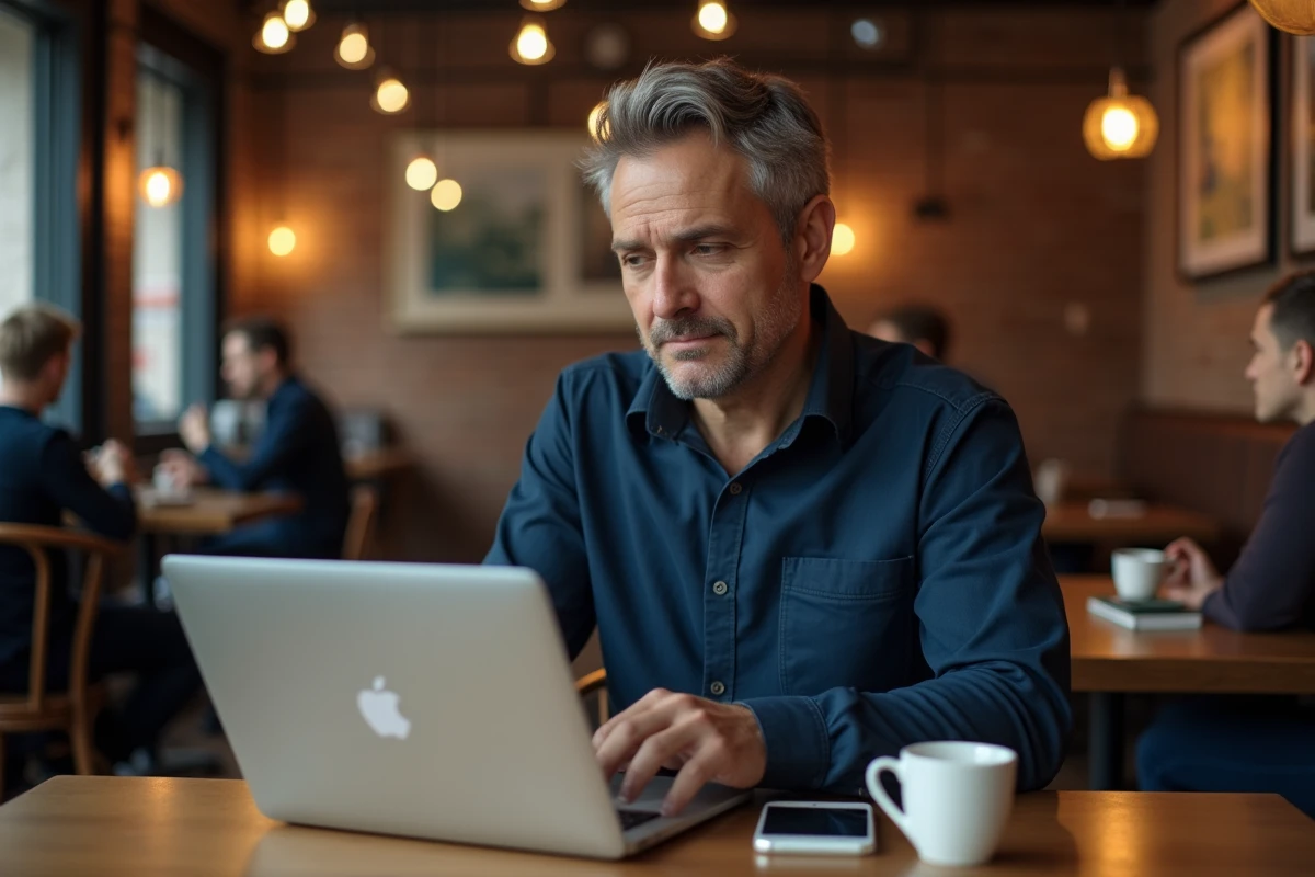 Homme utilisant un MacBook et un iPhone dans un café pour récupérer des messages texte via iTunes ou iCloud
