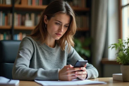 Femme consultant son iPhone pour récupérer des SMS supprimés à son bureau à domicile