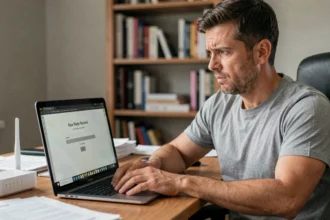 Homme frustré devant un écran de connexion admin de routeur avec champ mot de passe verrouillé