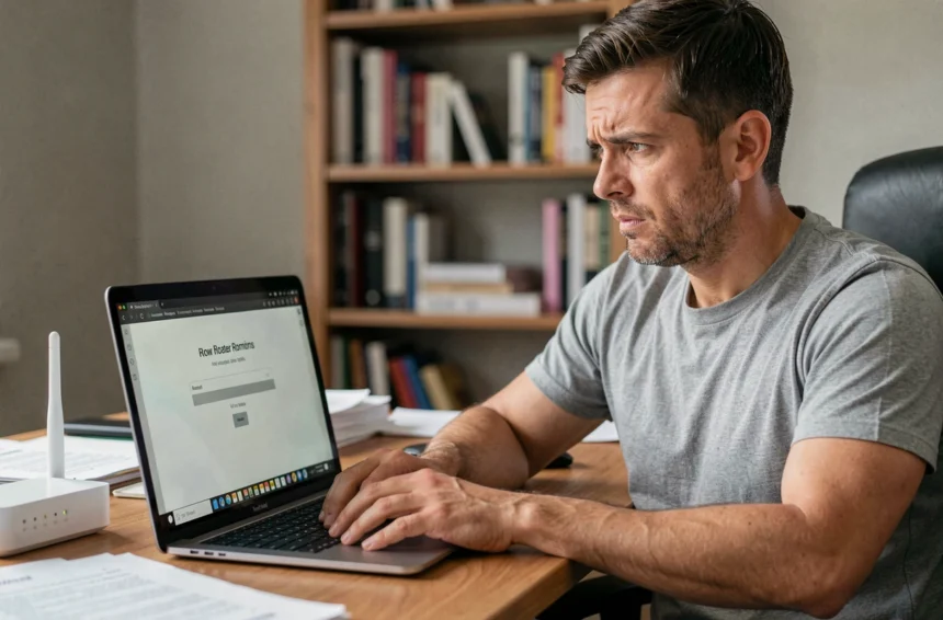 Homme frustré devant un écran de connexion admin de routeur avec champ mot de passe verrouillé
