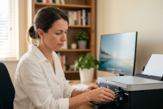 Femme remplaçant une cartouche d'encre Epson dans une imprimante de bureau à domicile