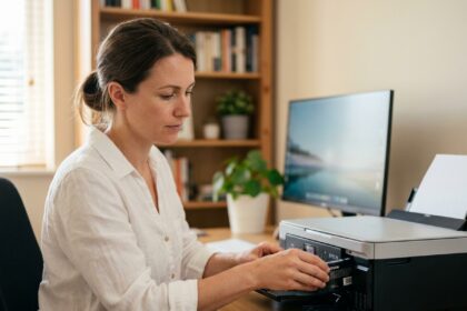 Femme remplaçant une cartouche d'encre Epson dans une imprimante de bureau à domicile