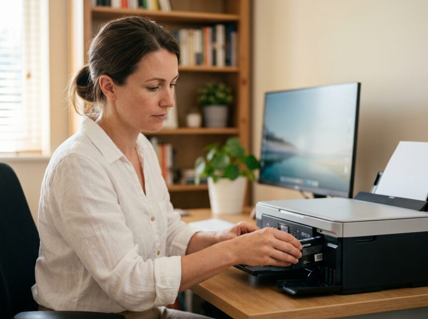 Femme remplaçant une cartouche d'encre Epson dans une imprimante de bureau à domicile