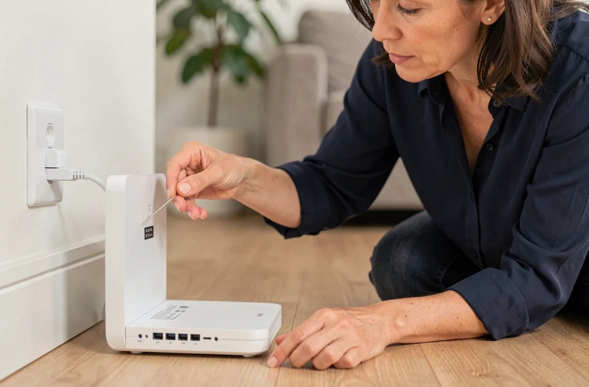 Femme réinitialisant un routeur Wi-Fi avec un trombone pour récupérer l'accès administrateur