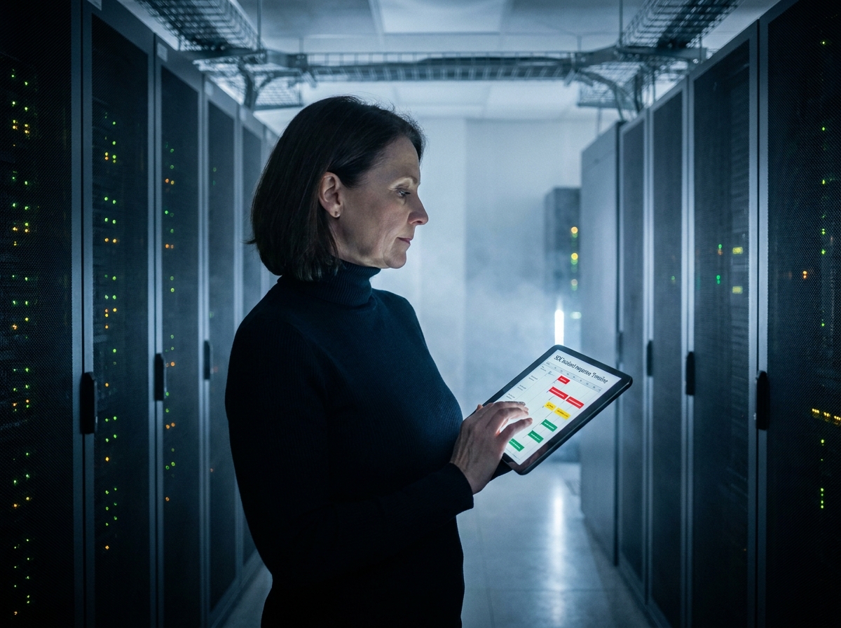 Responsable sécurité informatique supervisant la surveillance d'infrastructure dans une salle de serveurs d'un SOC externalisé