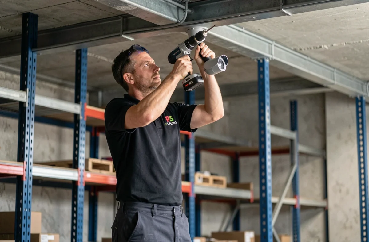 Technicien RS-Protech installant une caméra IP dans un entrepôt industriel