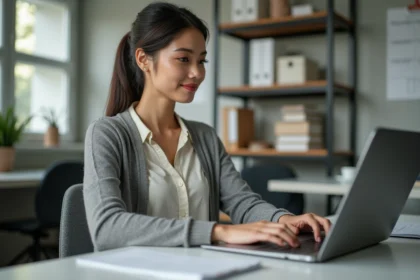 Femme en bureau scolaire travaillant sur un ordinateur portable