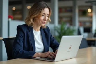 Femme fonctionnaire sécurisant l'accès à son webmail institutionnel sur un ordinateur portable au bureau