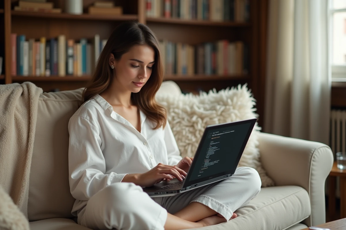 Jeune femme sécurisant ses mots de passe sur MacBook tout en nettoyant le cache depuis son canapé